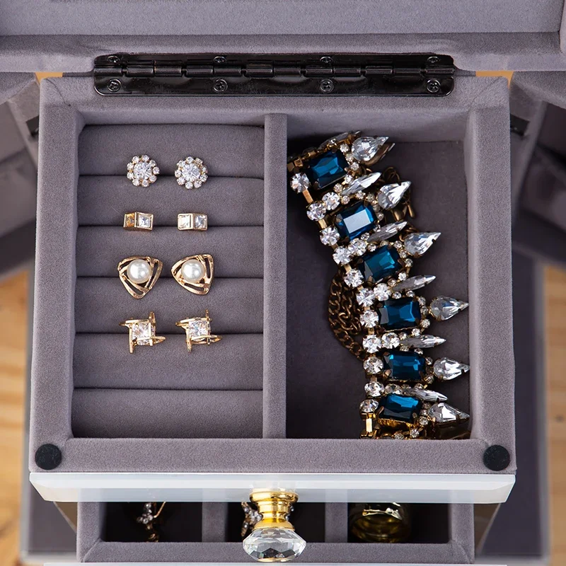 صندوق مجوهرات، سعة كبيرة، متعدد الطبقات، قلادة زجاجية راقية بسيطة على الطراز الأوروبي، خاتم، حلق، أقراط