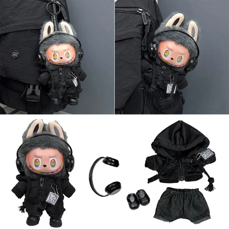 

15 17 см для куклы Labubu, крутой медведь, черная толстовка на молнии, одежда, обувь, комплект гарнитуры, одежда, аксессуары для кукольного домика