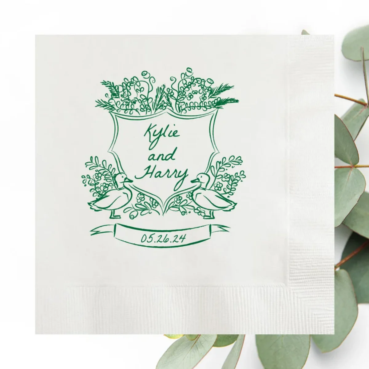 Crest caprichoso dibujado a mano personalizado para servilletas con icono de Cupido de boda, servilletas de querubín personalizadas, fiesta de compromiso, renovación de voto, An