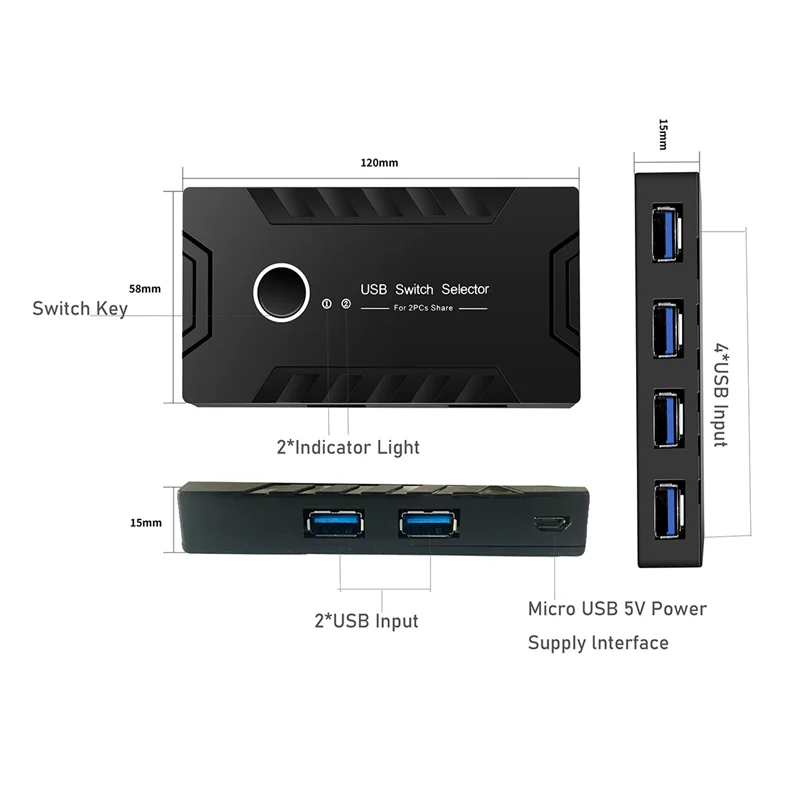 

USB 3.0 KVM Switcher 2 In 4 Out Hub Adapter Black Plastic For Keyboard Mouse Printer Monitor