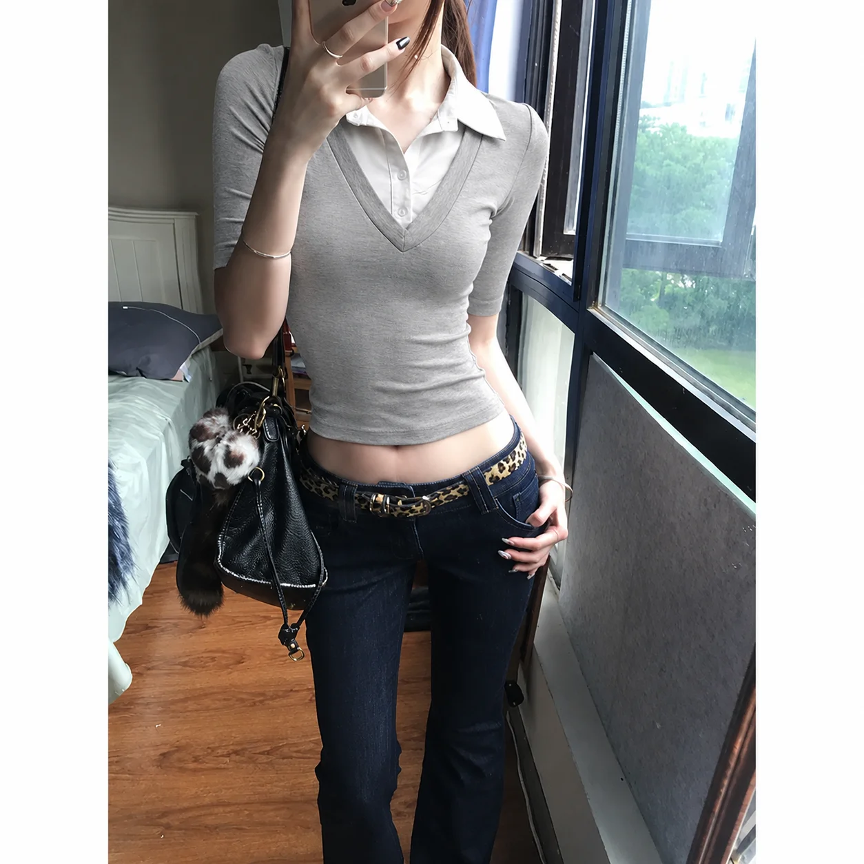 Korean Fashion Y2K Tops 2000s Slim Half Sleeve T‑Shirt Women Turn‑Down Collar Fake Two‑Piece Tees Button Retro Streetwear 2026