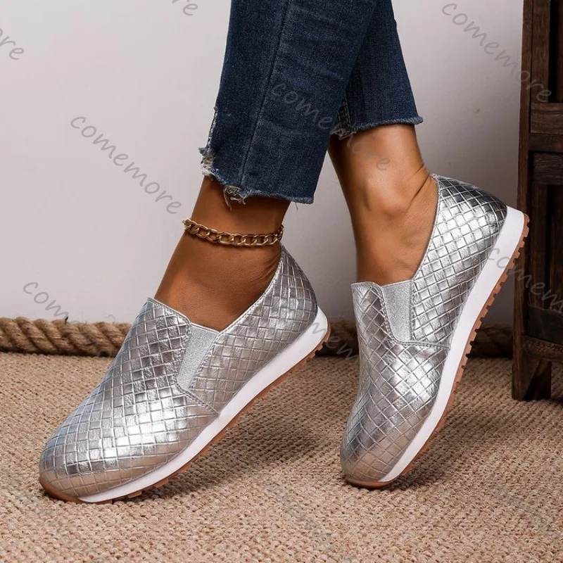 

Comemore, весенне-летняя повседневная обувь на плоской подошве, серебристые, золотые, без шнуровки, одинарные туфли Arge Size, мягкая кожа, эластичная женская обувь с круглой головкой