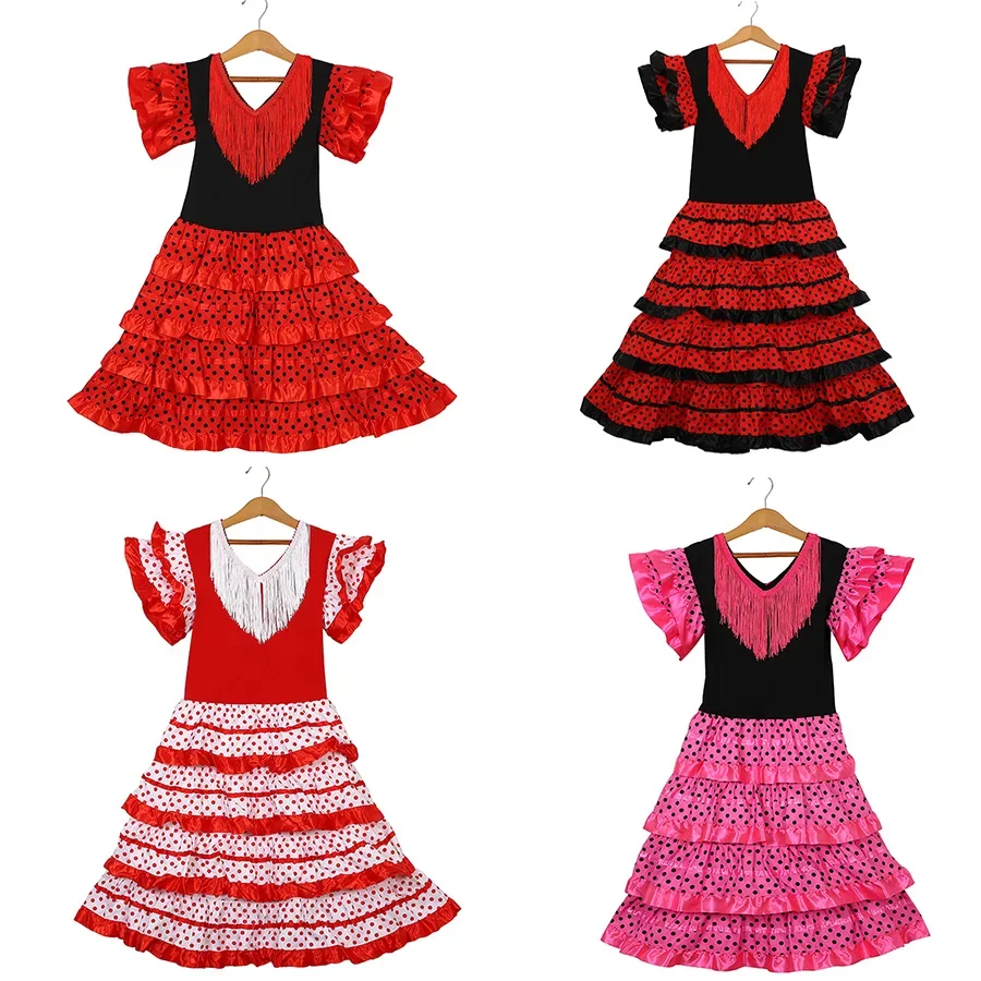 Kids Traditional Spanish Dance Dress For Girls Festival Tassel Dot Dress Four Color Classic Flamengo Gypsy Style Children Skirt