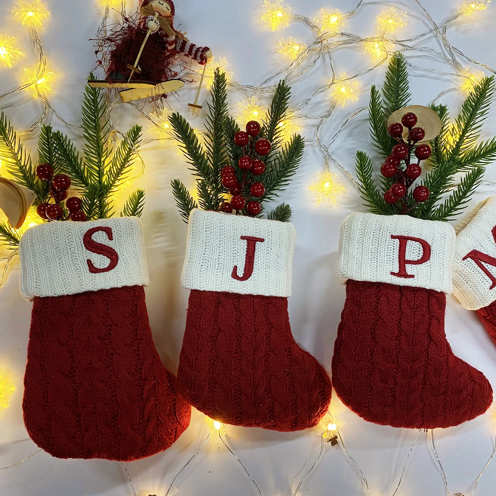 Near Year Christmas Socks Red Snowflake Alphabet Letters Christmas knitting Stocking Christmas Tree Decoration For HomeXmas Gift