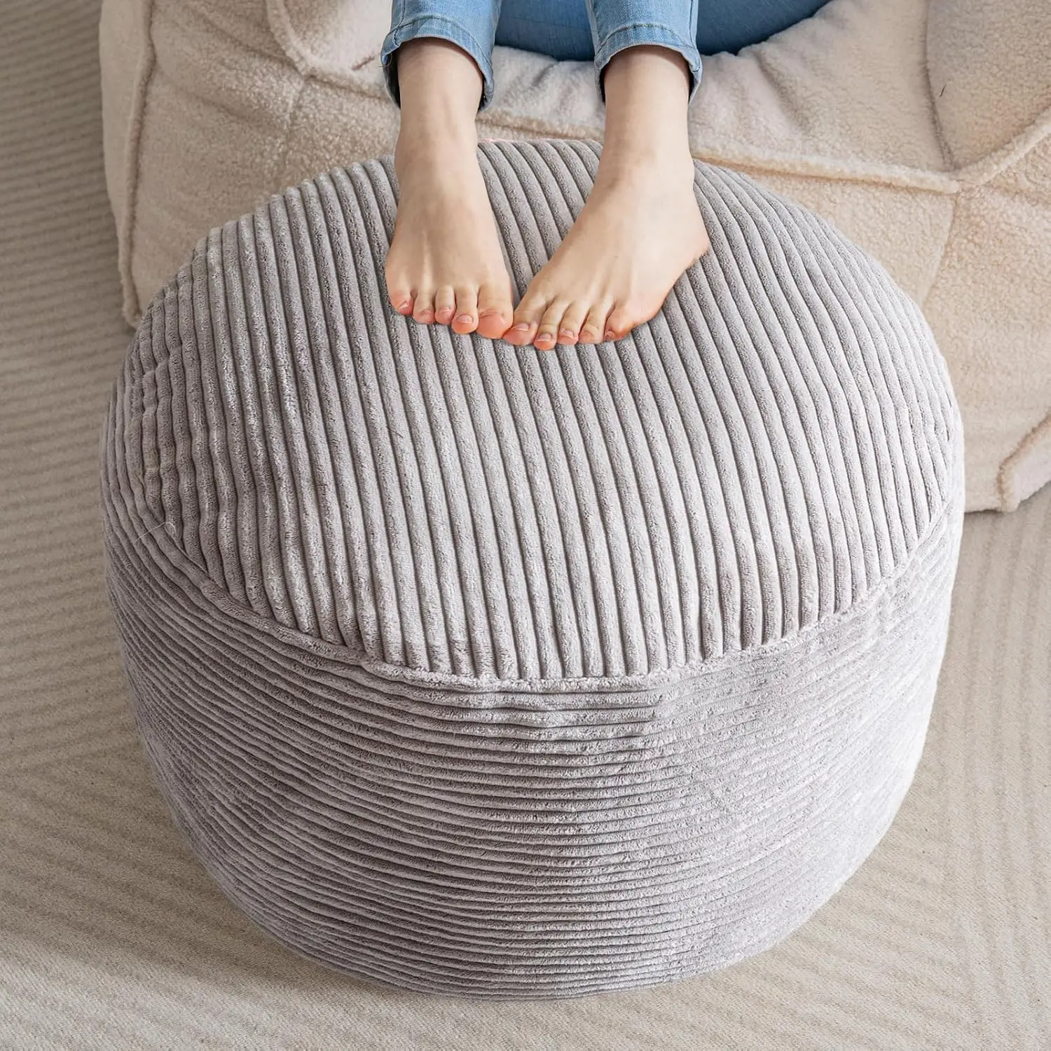 Round Stuffed Pouf Ottoman, Corduroy Poufs with Foam Chunk Filling, Furry and Fluffy Pouf Foot Stool Storage Ottoman