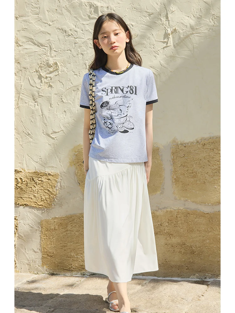 ZIQIAO Women Letter Print T-Shirt Contrasting Color Round Neck Female Tees Cotton Grey Black Short Sleeve Tops 24ZQ92500