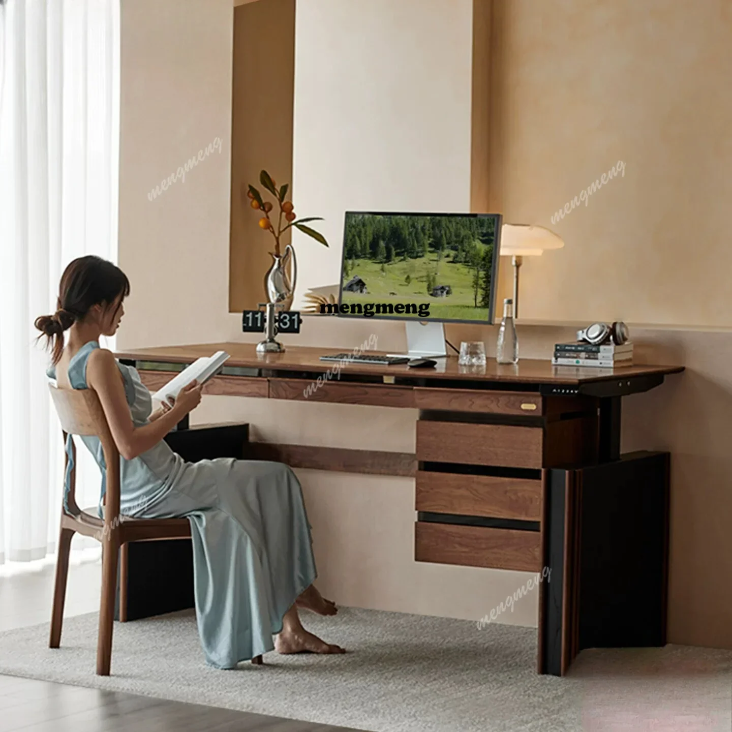 New arrive Solid wood electric lifting table Household black walnut workbench Computer table Intelligent lifting learning desk
