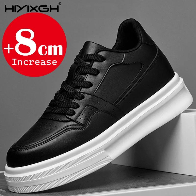 Heightening Casual Shoes Fashion PU Leather Elevator Shoes for Men 6cm 8cm  Invisible Height Increase White Sneakers