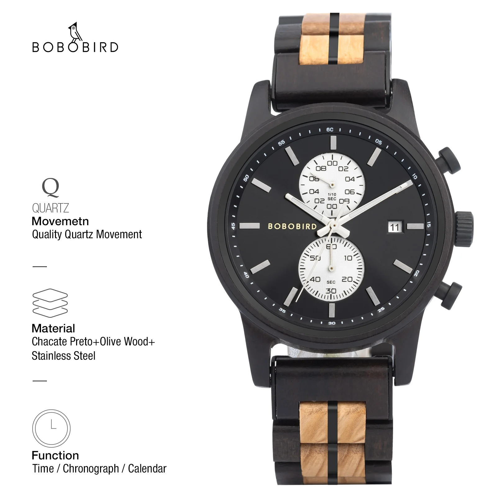 

BOBOBIRD Men Wooden Watch Top Luxury Japanese Miyota Sports Chronograph Calendar Wristwatch Engraved Gift Box Relogio Masculino