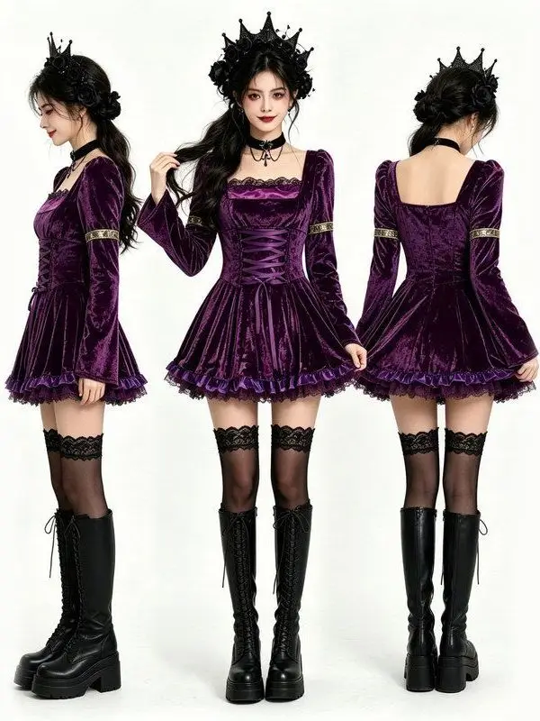 

Gothic Style Dark Lace Dress Women's Nightclub Bar DS Performance Costume Halloween Outfit Elegant Female Attire