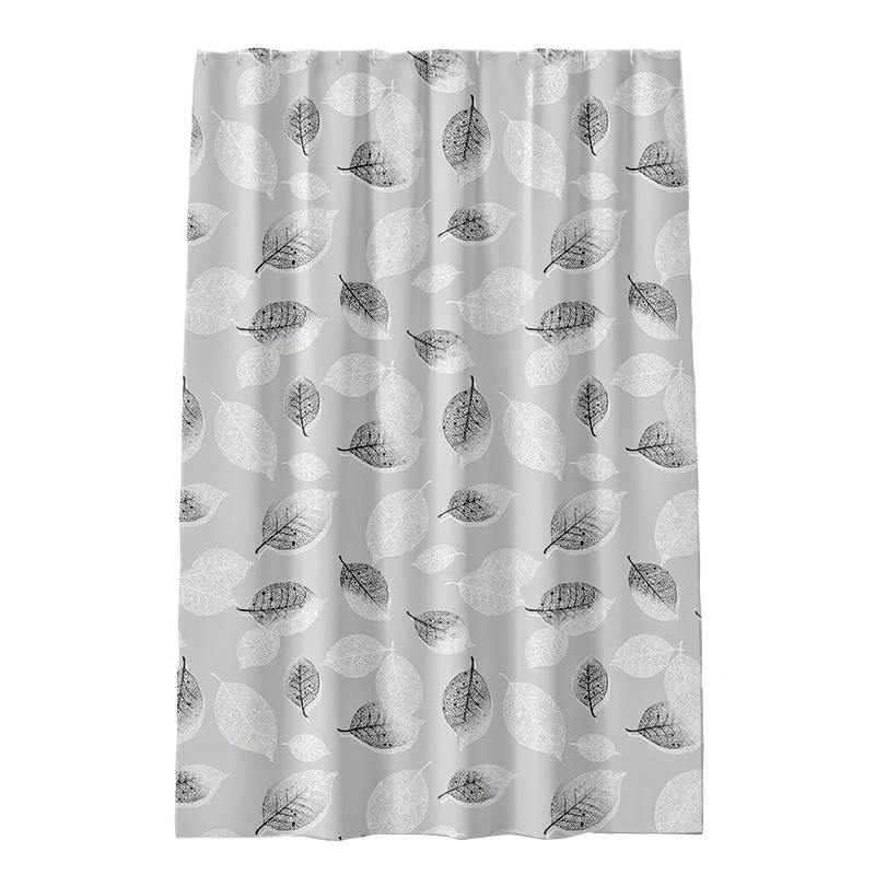 High Quality Waterproof and anti-mildew PEVA shower curtain black and white leaf bathroom curtain with hook