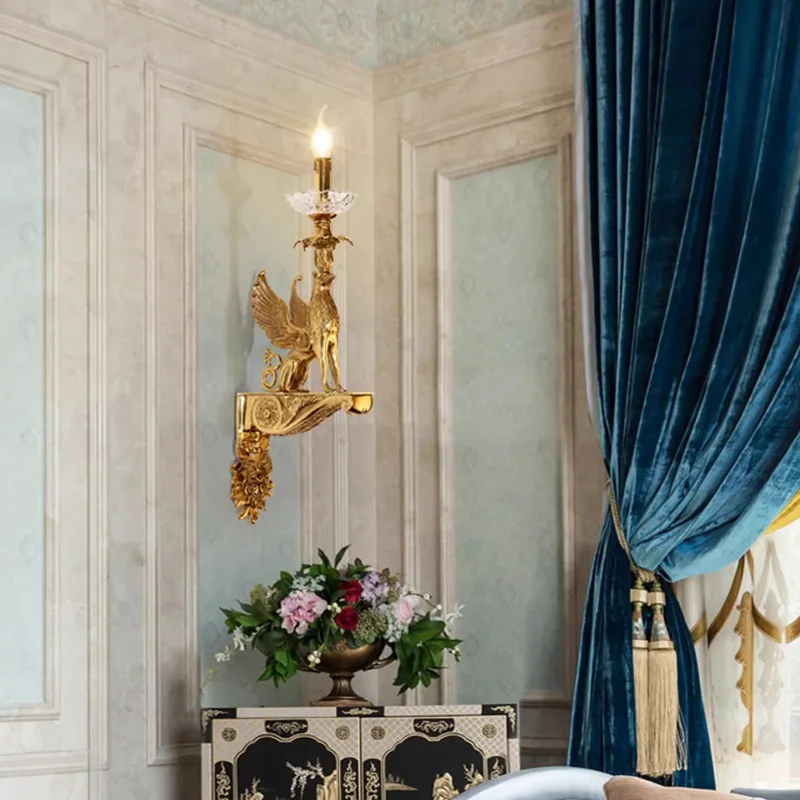 French Style All Copper Wall Lamp European Retro Palace Luxurious Dewaxed Mythical Beast Living Room Corridor Aisle Staircase