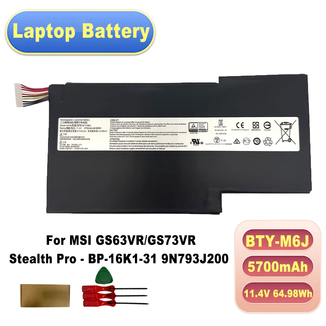 BTY-M6J 11.4V 64.98Wh 5700mAh Battery for MSI GS63VR/GS73VR Stealth Pro - BP-16K1-31 9N793J200