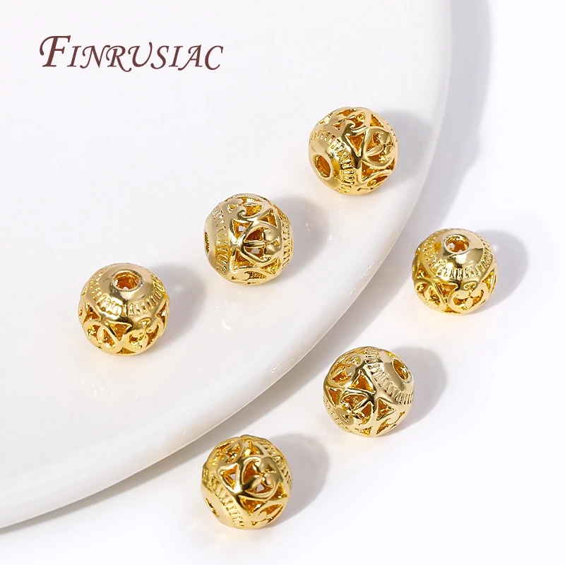 18K Gold Plated Hollow Pattern 8mm Round Metal Ball Spacer Beads For Bracelet Jewelry Making Supplies DIY Findings Accessories