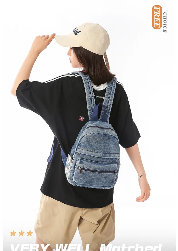 Women Washed Denim Small Backpack Casual Floral Patch College School Girl Book Bags Cotton Jean Travel Rucksack Canvas Daypack