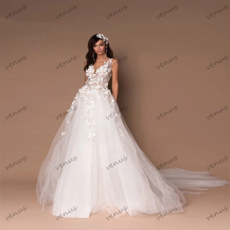 

Gorgeous Wedding Dresses A-Line Princess Ball Gowns Flower Decorate Sweep Train Bridal Dress Glamorous Robes Vestidos De Novia