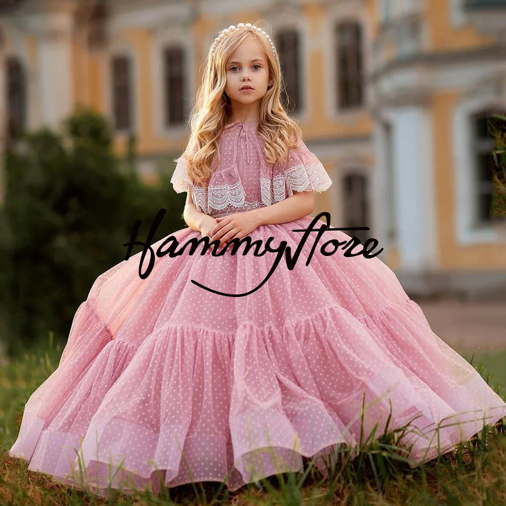 

Princess Flower Girl Dresses Kids Party Gown for Pageant O Neck Sleeveless Dot Tulle Ball Pink Evening Birthday Dress