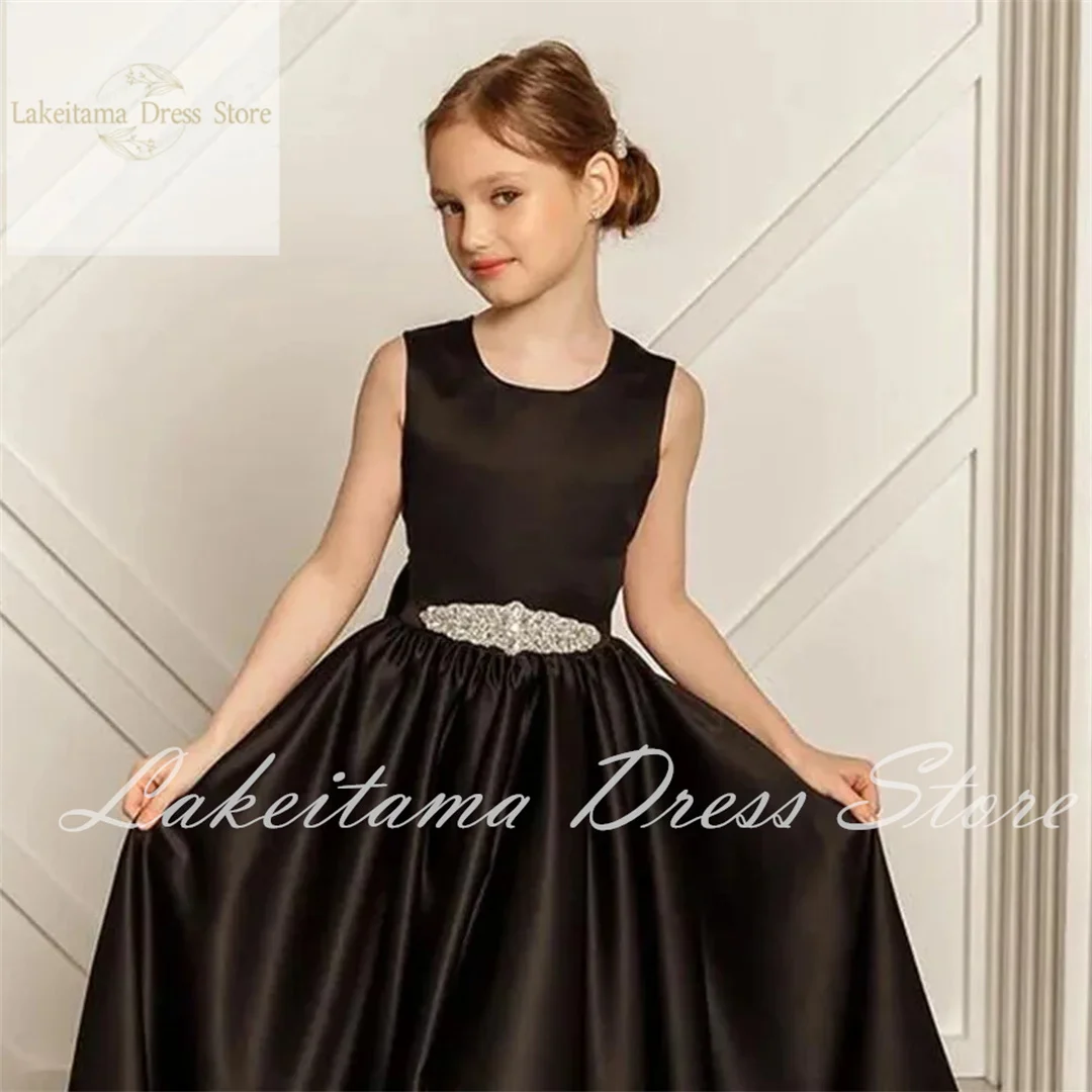 Schwarzes Satin Blumen mädchen Kleid für Hochzeit rücken frei ärmel los mit Bogen Leistung Geburtstag Prinzessin Kleid Ballkleider