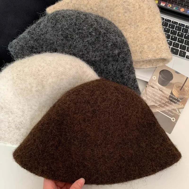 جديد الشتاء الصوف مزيج قبعة بحافة محبوك قبعة صياد للنساء الدافئة الوجه التخسيس قبة تاج قبعة أنيقة على الموضة