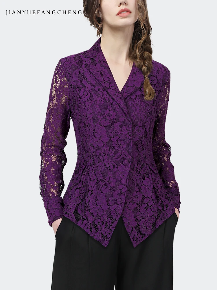 Fashion Lapel Collar Hollow Out Purple Lace Top Womens 2024 Spring Summer New Elegant Slim Button-down Shirt Office Blouses