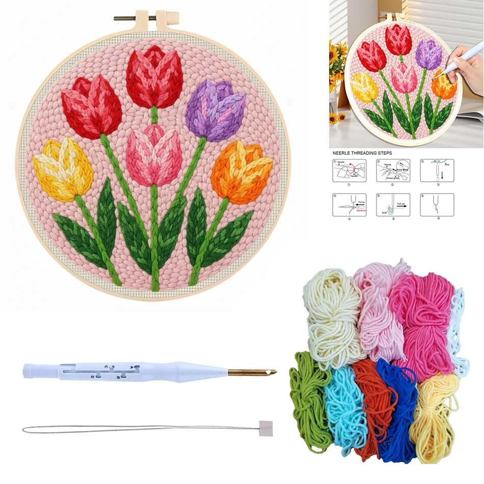 CHENISTORY DIY Punch Needle Kits for Beginners Rose Tulip Flower with Hoop Punch Needle Embroidery Set Craft Yarn Painting Arts