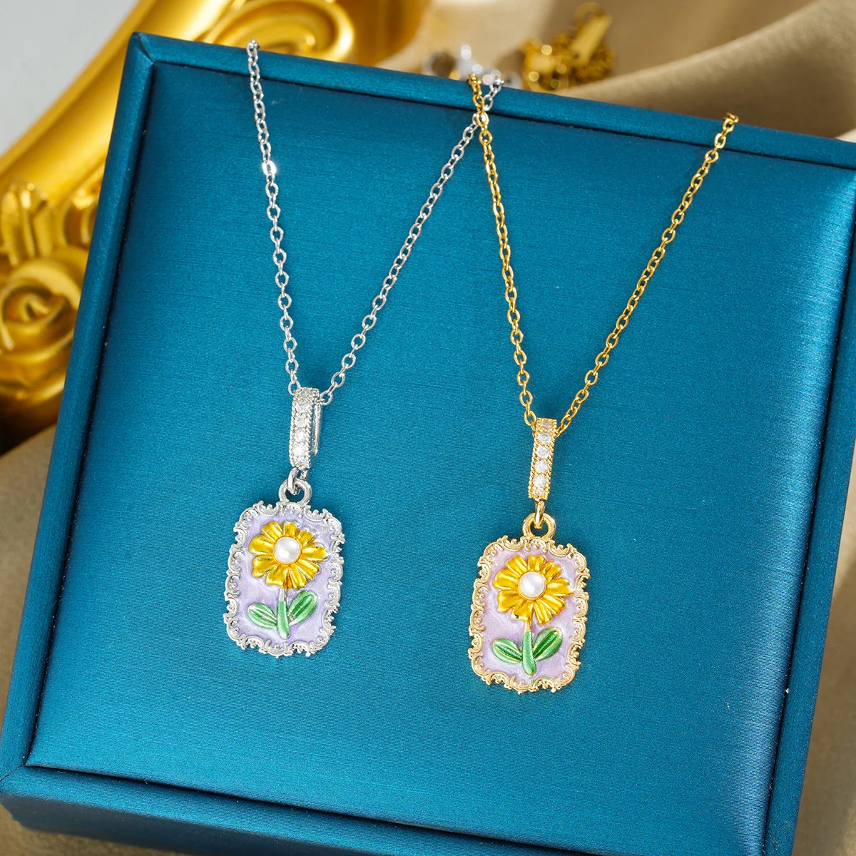 

Oil painting style enamel freshwater pearl sunflower titanium steel necklace, a light luxury female forest style