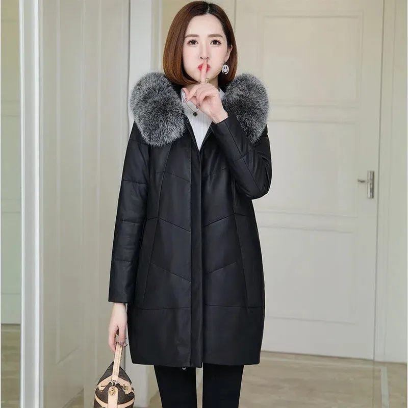 Loose Fit Leather Jacket Warm Women Parkas Fur Collar Hooded PU Leather Coat Autumn Winter Korean Thick Long Leather Overcoat