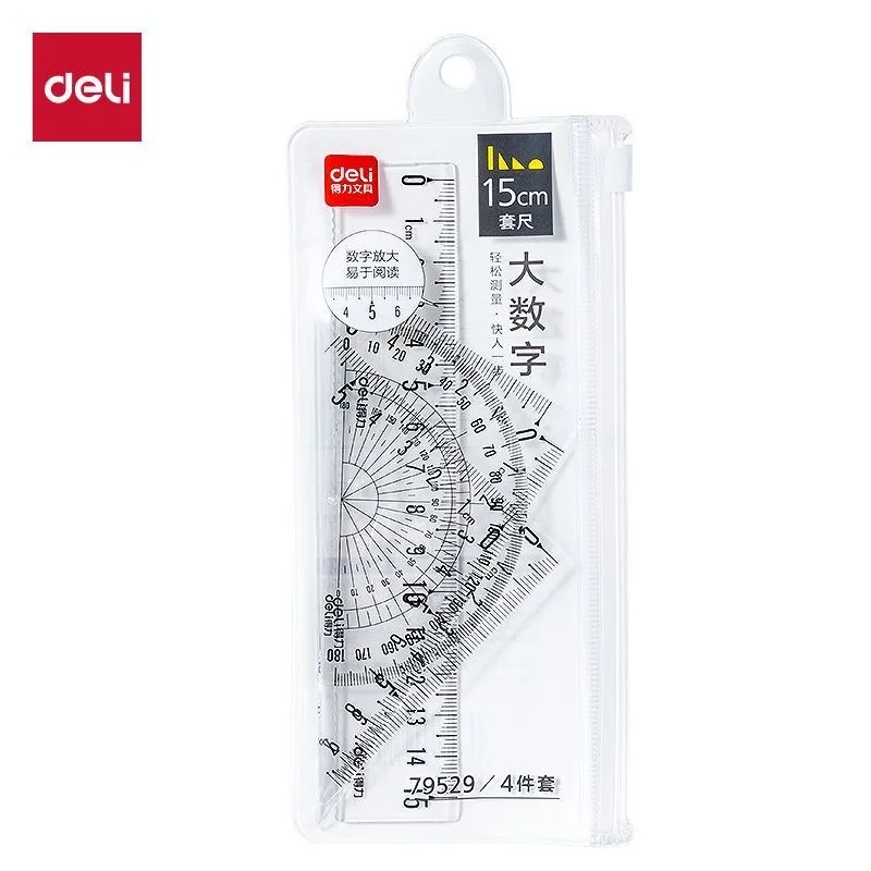 DELI Conjunto de Geometria Transparente 4 PCS Ferramentas de Desenho de Matemática com Régua Transferidor Triângulo Fácil Leitura Medição para Estudantes Escolares