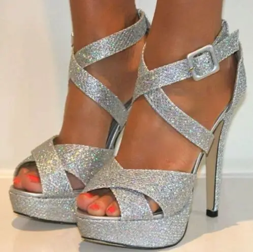 

Summer Woman Sliver Bling Glitter Sequined Cross Strap Peep Toe Platform Sandals Female Cover Heel Thin Heels Banquet Sandals