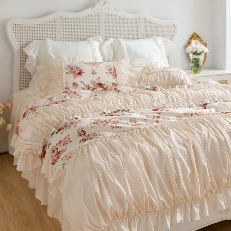 Luxury Princess Wedding Bedding Sets 100% Cotton Rose Printing Ruffles Duvet Cover Quilted Bedspread Bed Skirt Pillowcases