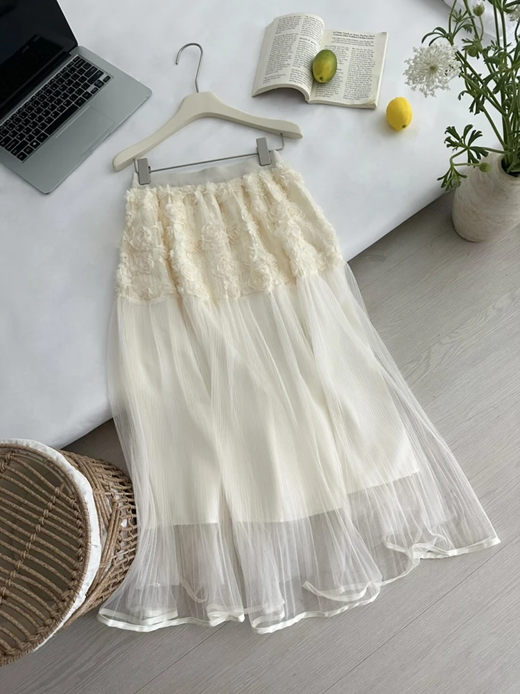 Floral Pleated Skirts Women Spring Summer Long Irregular Mesh Long Skirt Korean Fashion Elastic Waist Apricot Skirts Gauze Saias