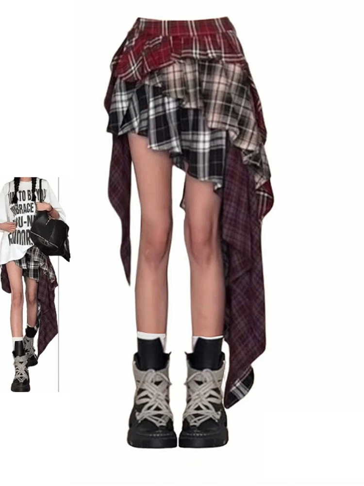 

Summer Casual Sweet Style Tierred Y2k Fashion Skirts Women's Vintage High Waist Slim Plaid Patchwork Hotsweet Mini Skirt