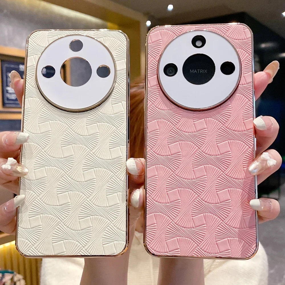 Funda de cuero chapada en oro de lujo, funda de teléfono dura con patrón de línea para Honor Magic 7 Lite 6 Pro 100 200 300 X50 GT PRO X60 PRO X60i