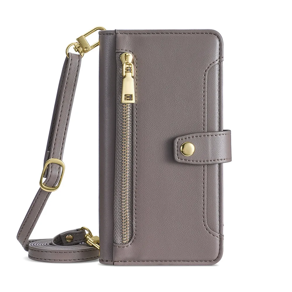 

Wallet Case for iPhone 15 series, Flip-top Hidden Card Slot Bracket Cover with Zipper, Wrist Strap and Shoulder Strap