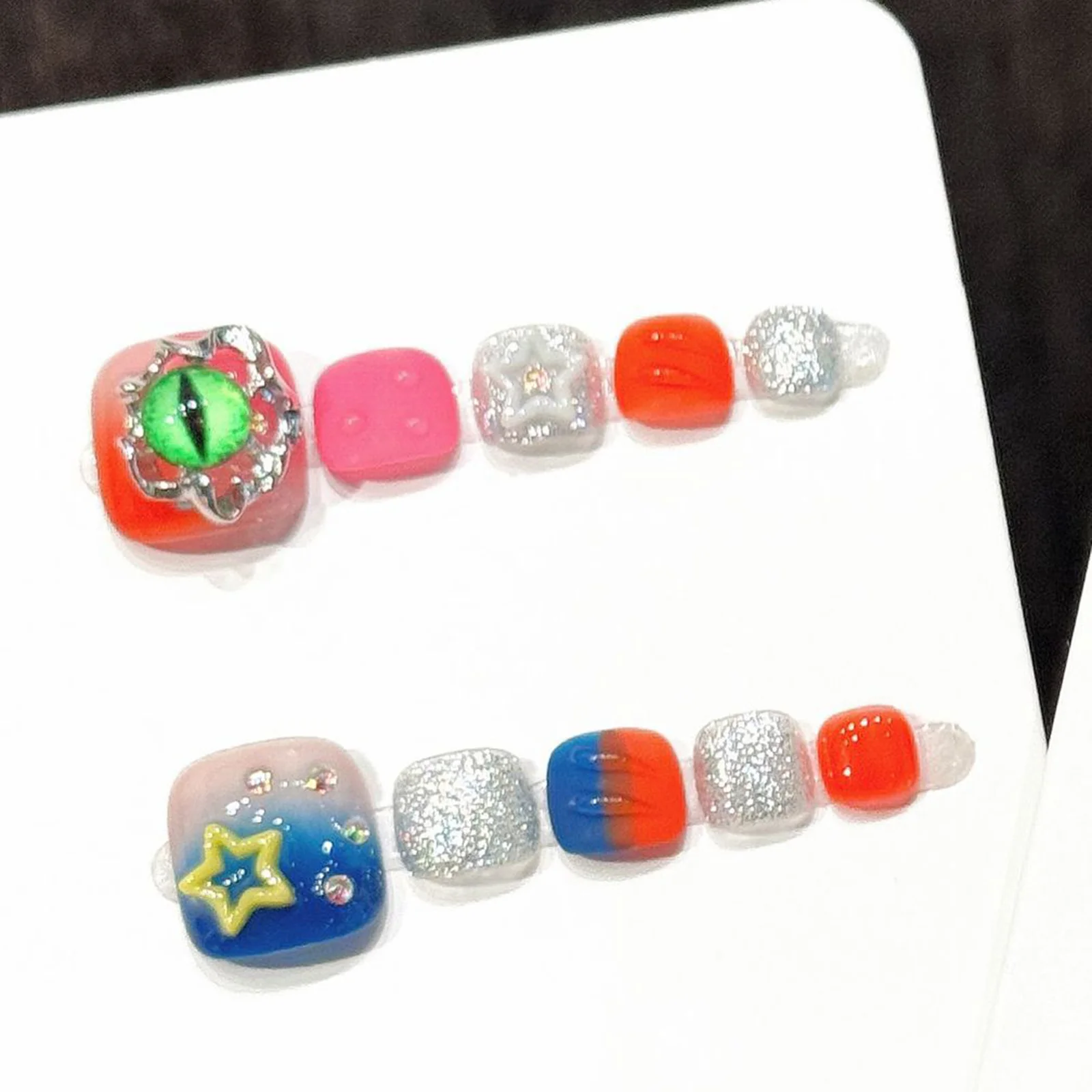 

10pcs Gothic Punk Style Handmade Fake Toe Nails Summer Beach Glitter Star Press on Toenails Wearable Detachable False Toenails