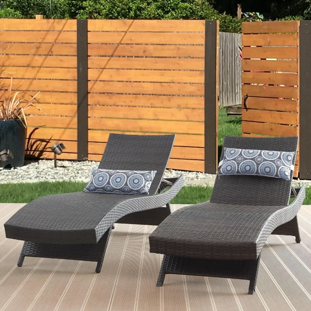 Long Reclining Chaise Lounge of 2 Pieces,Outdoor Wicker Reclining Lounge Chair, All Weather Outdoor Lounge Chairs.