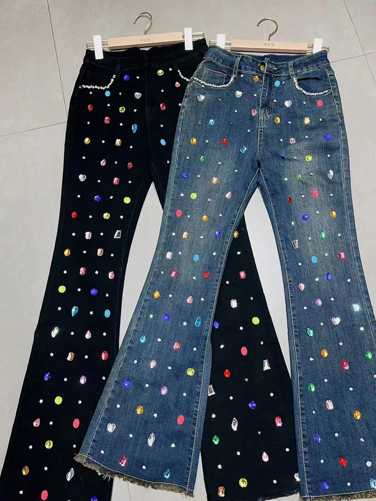 Jeans for Women 2024 Autumn Clothes New Korean Fashion Sweet Denim Pants Color Rhinestone High Waist Slim Lady Bootcut Pants