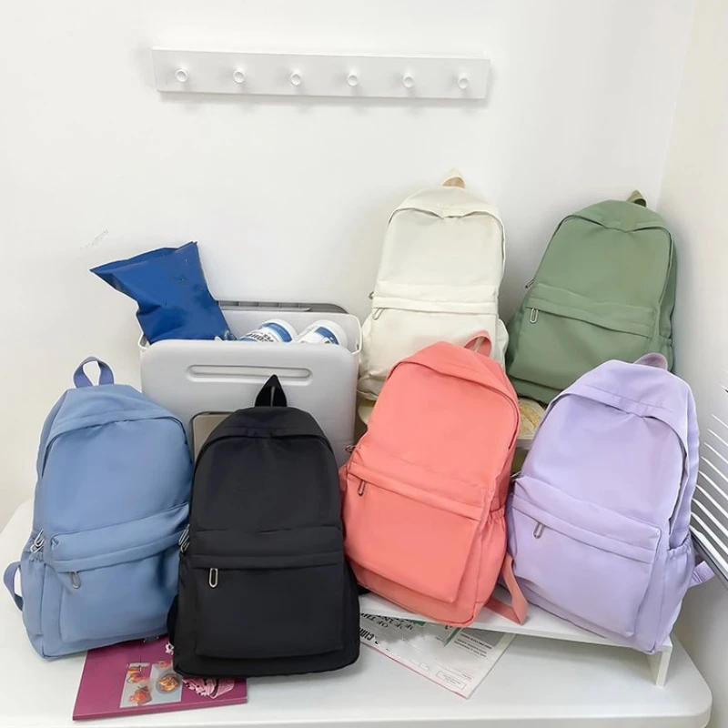 Simple Solid Color Backpack Women 2024 Waterproof Nylon School Bags For Teenager Girls Bookbag Lady Travel Backbag Shoulder Bag