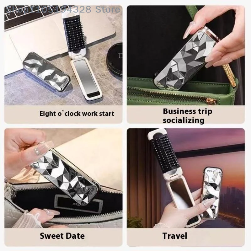 [MP] فرشاة شعر صغيرة قابلة للطي 2 في 1، مشط تدليك بوسادة هوائية، مشط تدليك فروة الرأس محمول مضاد للكهرباء الساكنة مع مرآة