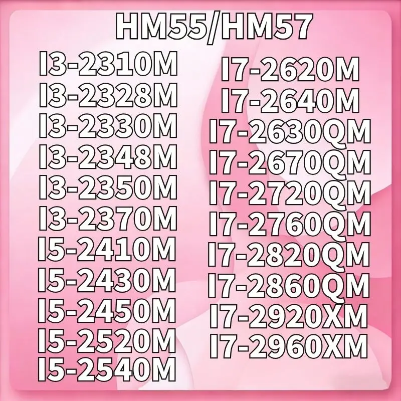 HM55/HM57 I3-2310M/2328M/2330M/2348M/2350M/2370M/I5-2520M/2540M/I7-2620M/2640M/2630QM/2670QM/2720QM/2760QM/2820QM/2860QM/2920XM/