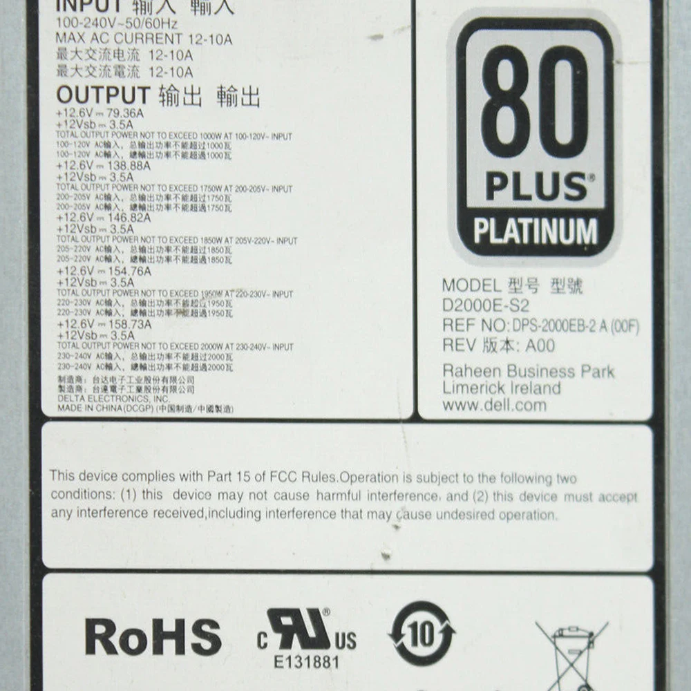 Original 2000W PSU DPS-2000EB-2 A D2000E-S2 D2000E-S2 For R840 R940 R740XD T640 Server EPP Switching Power Supply 0XYK93 XYK93