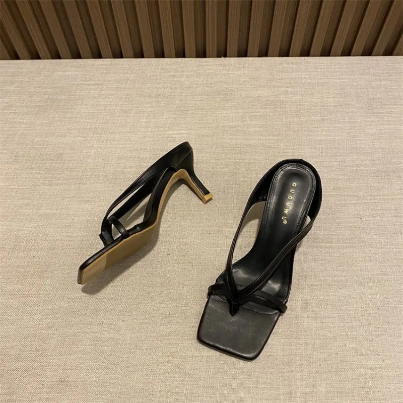 Fashion High Heels Shoes Fall Best Street Look Females Slipper Square Head Toe Clip-On Strappy Women Sandals Slides