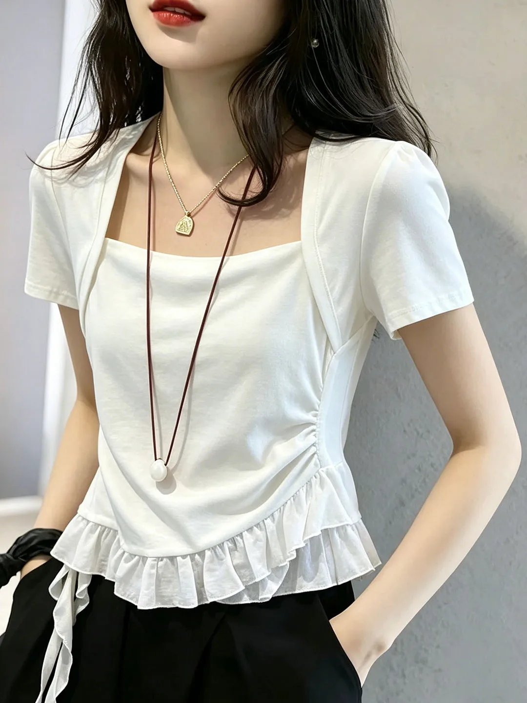 

Sweet Summer Short Sleeve T-Shirt Waist Cinched Hem Ruffle Design Commute Top Women's Fashion Korean Style Slim Fit Silk Shirt