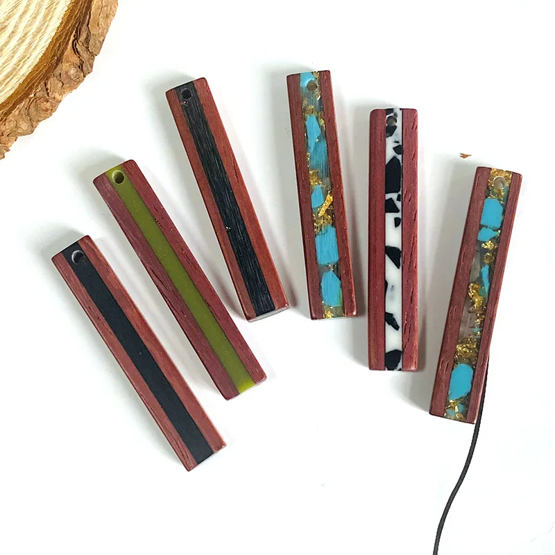 4pcs 46mm Splice Resin Wood Rectangle Stick Charms Vintage Art Pendant For Earring Necklace Keychain Jewelry Make