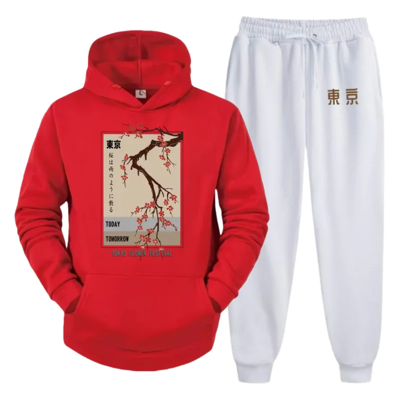 

2025 Trend Men's Fleece Set – Hoodie & Pants with Tokyo Flower Festival Cherry Blossom Print Urban Street Fall Winter Sportswear