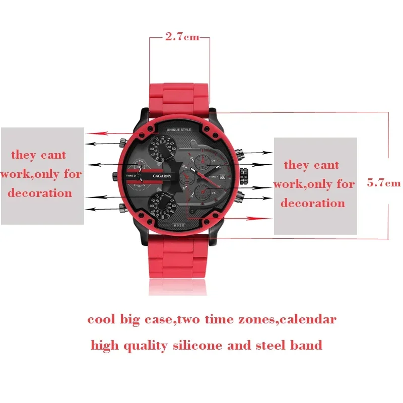 Dropshipping 57mm 3D Big Dial Red Watch Men Silicone Steel Band Mens Wristwatch Casual Quartz Watch 2 Time Military Reloj Hombre