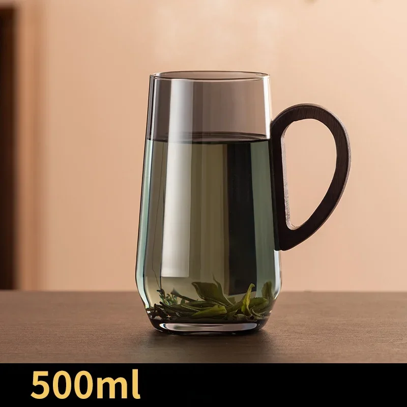 500ML Wooden Handle Coffee Mug Household Transparent Kitchen Glass Cup Cinerous Flower Tea Cup Coffeeware Teaware