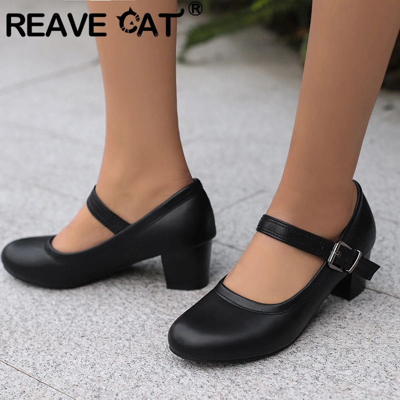 

REAVE CAT New Retro Women Pumps Round Toe Block Heels 5cm Buckle Strap Large Size 46 47 48 Classic Female Daily Mary Janes Shoes