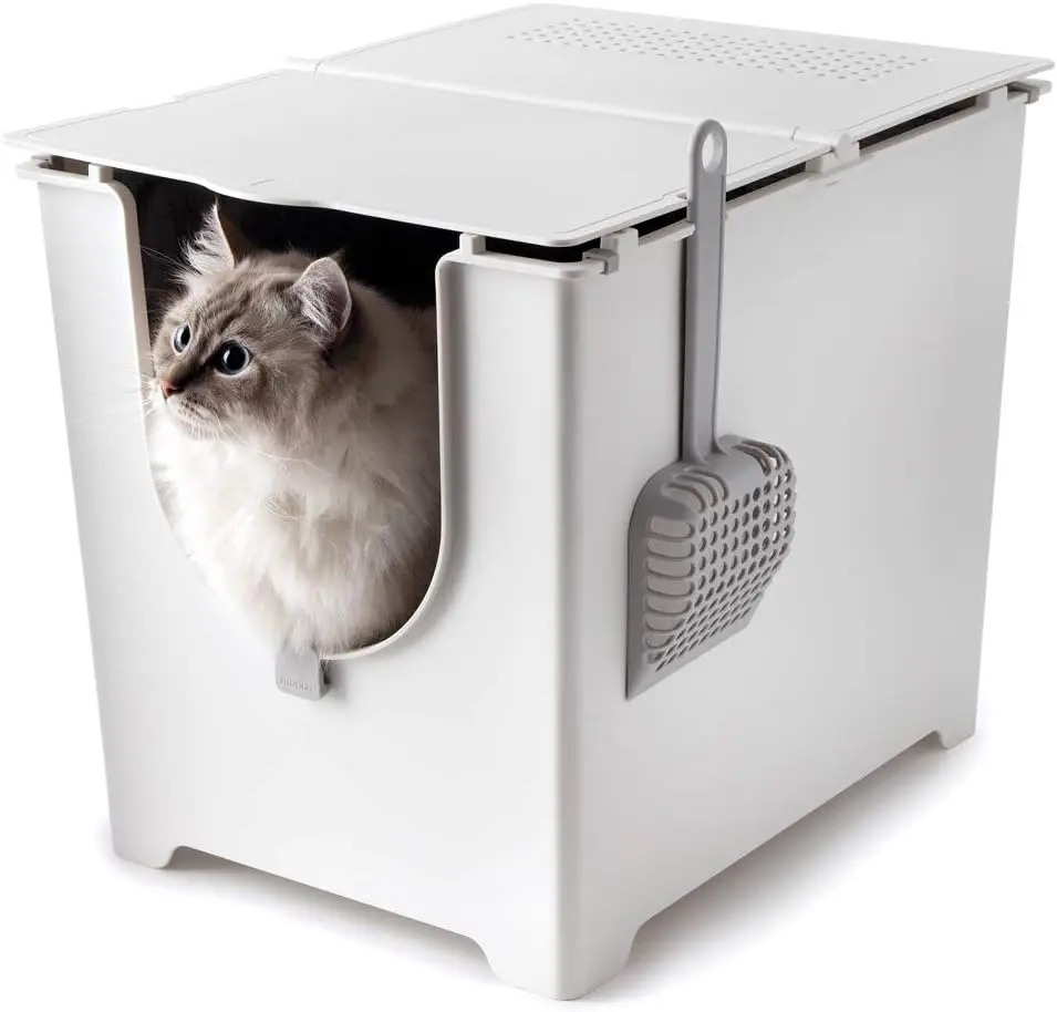 Litter Box, 3 Lid Positions, Tall Seamless Base, Reusable Litter Liner, Litter Scoop - White