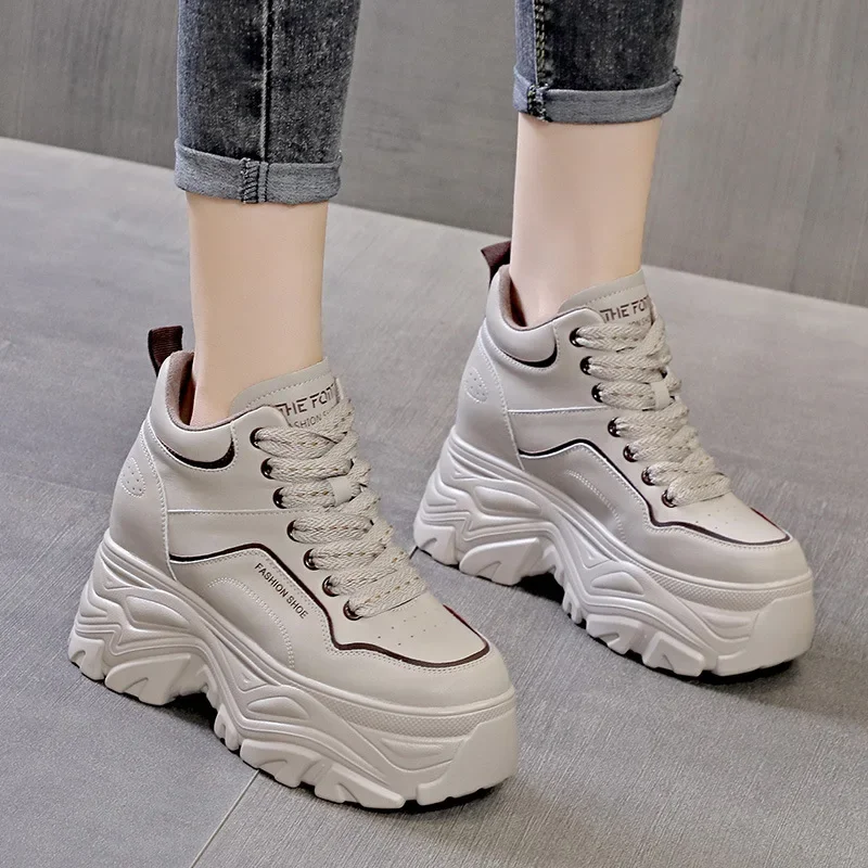 

New 8cm Natural Genuine Leather High Top Women Shoes Platform Wedge Ankle Boots Hidden Heel Winter Autumn Warm Plush Sneakers